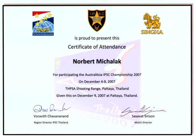 Certificate of Attendance – Pattaya Thailand